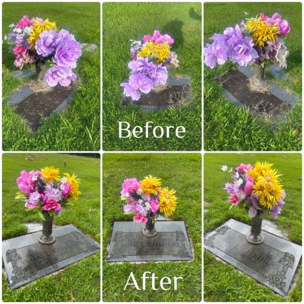 Before and after of gravesite cleaning and floral placement