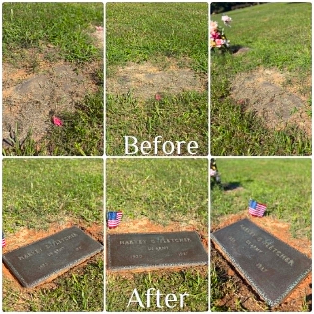 Before and after of flat bronze veteran marker restoration