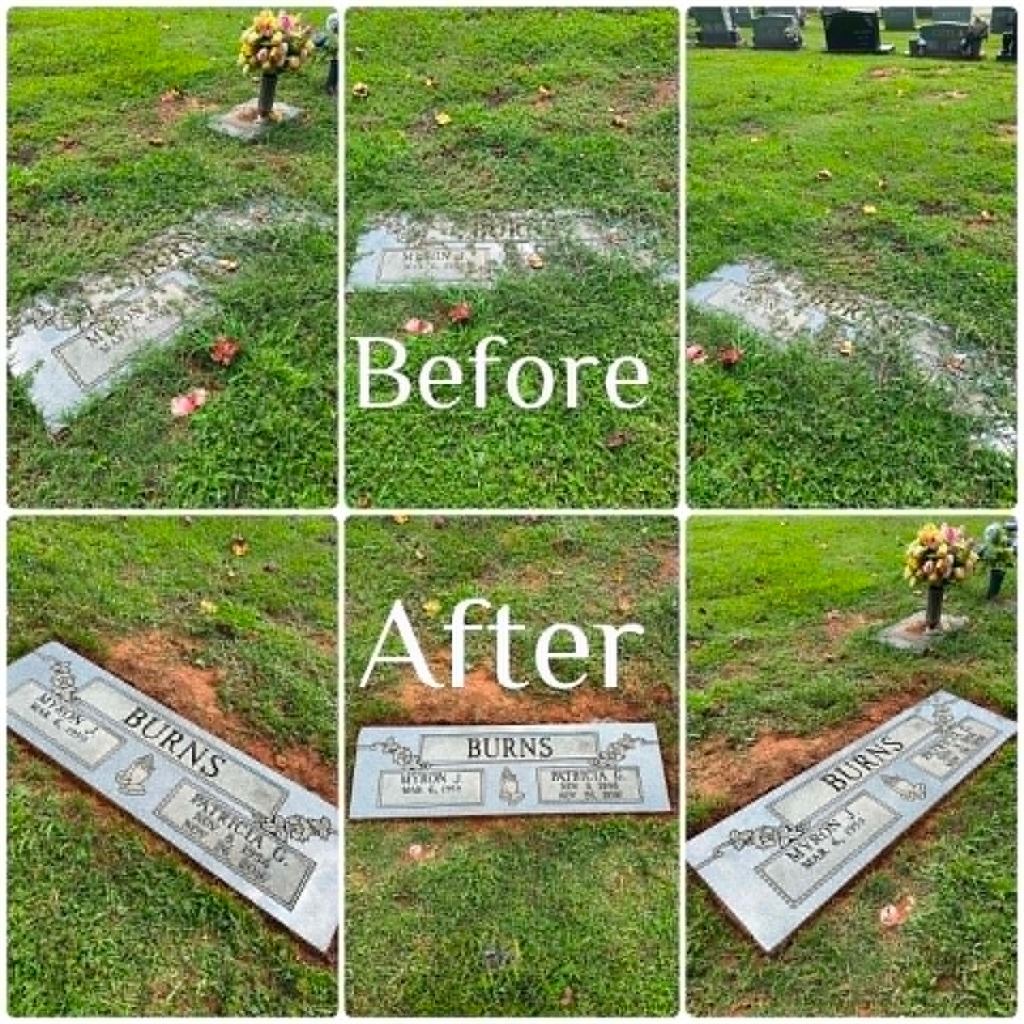 Before and after cleaning of a companion granite headstone BURNS